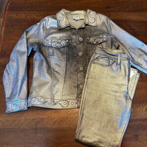 Y2K Diane Gilman Metallic Silver Rhinestone Denim Jacket Pant Suit